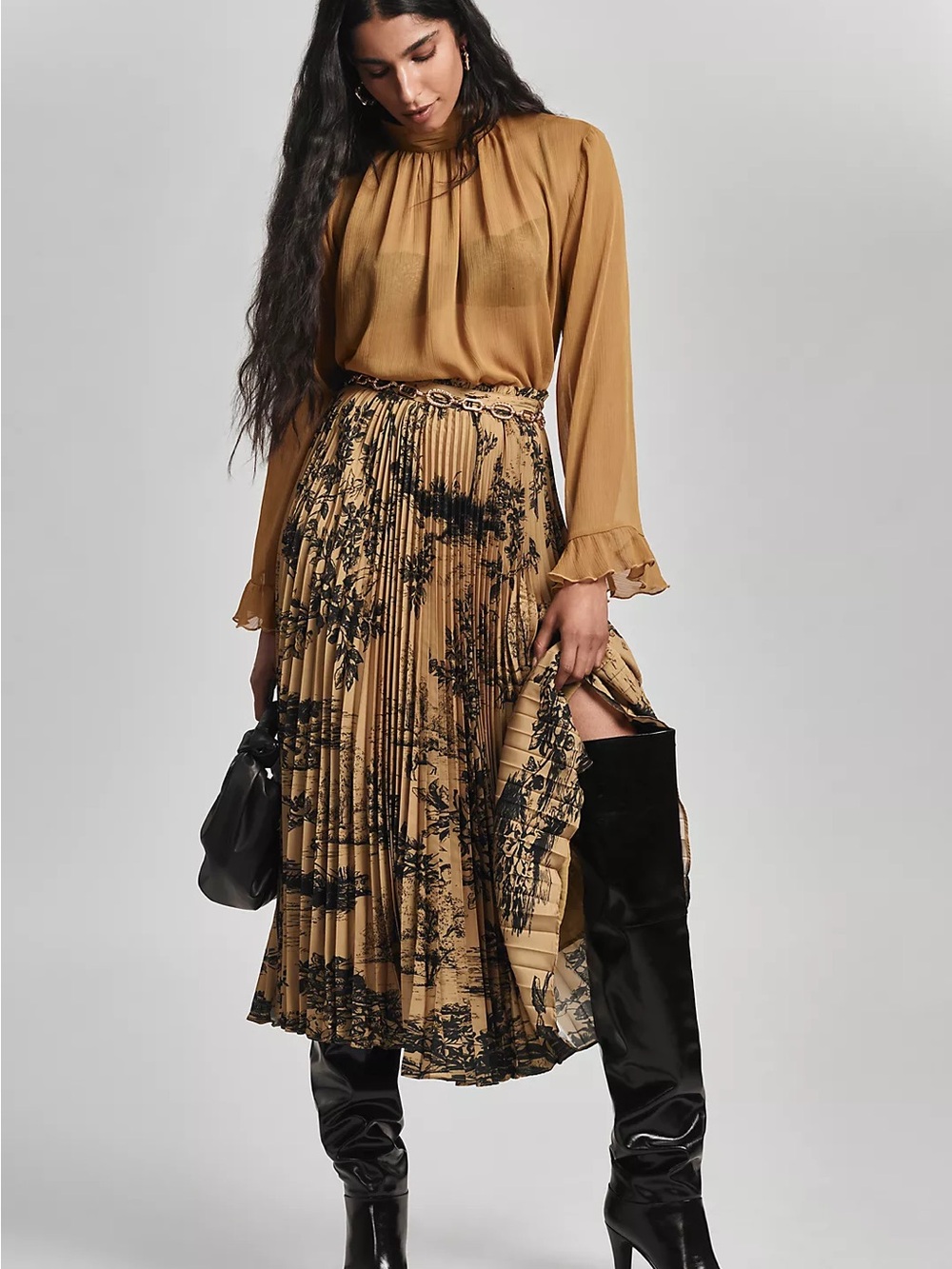 Anthropologie Maeve Toile Silken Pleated Midi Full Skirt